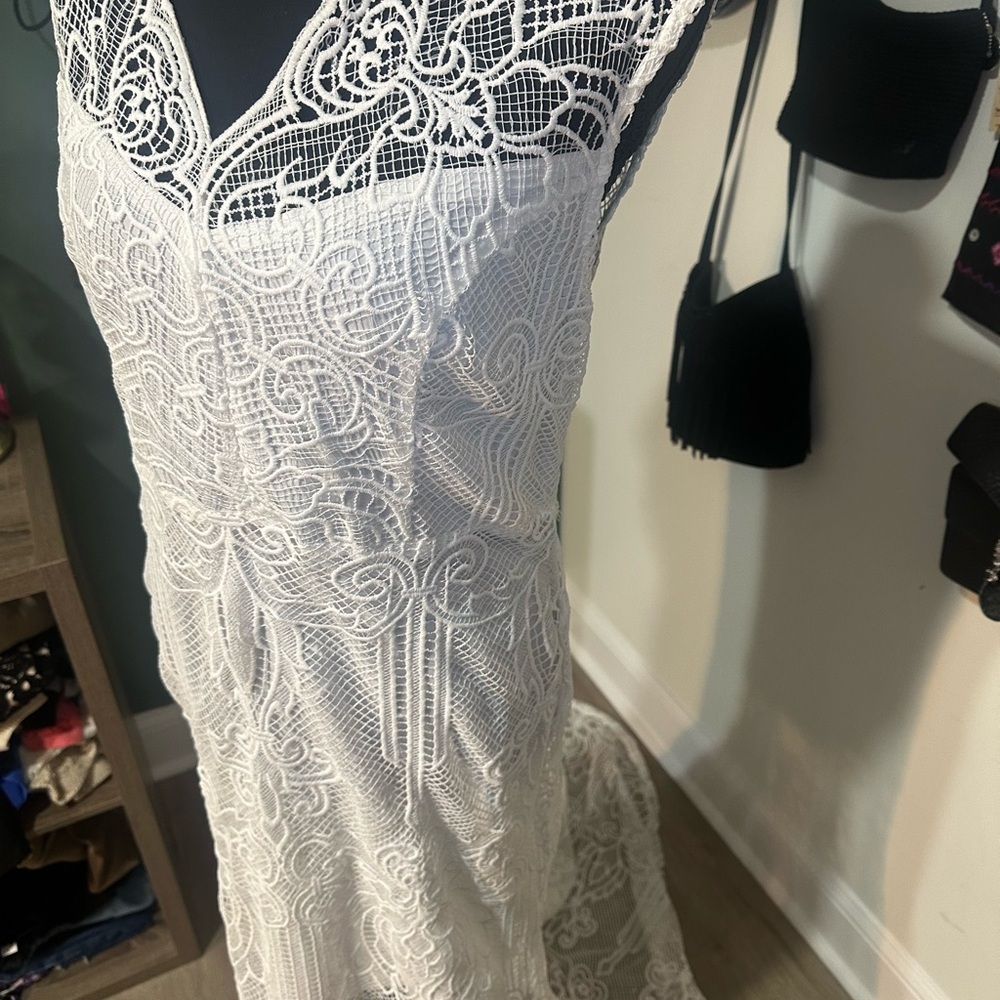 Sheilay White Lace Maxi Dress Mermaid Train Boho Bridal Sleeveless Size Large - Picture 5 of 6